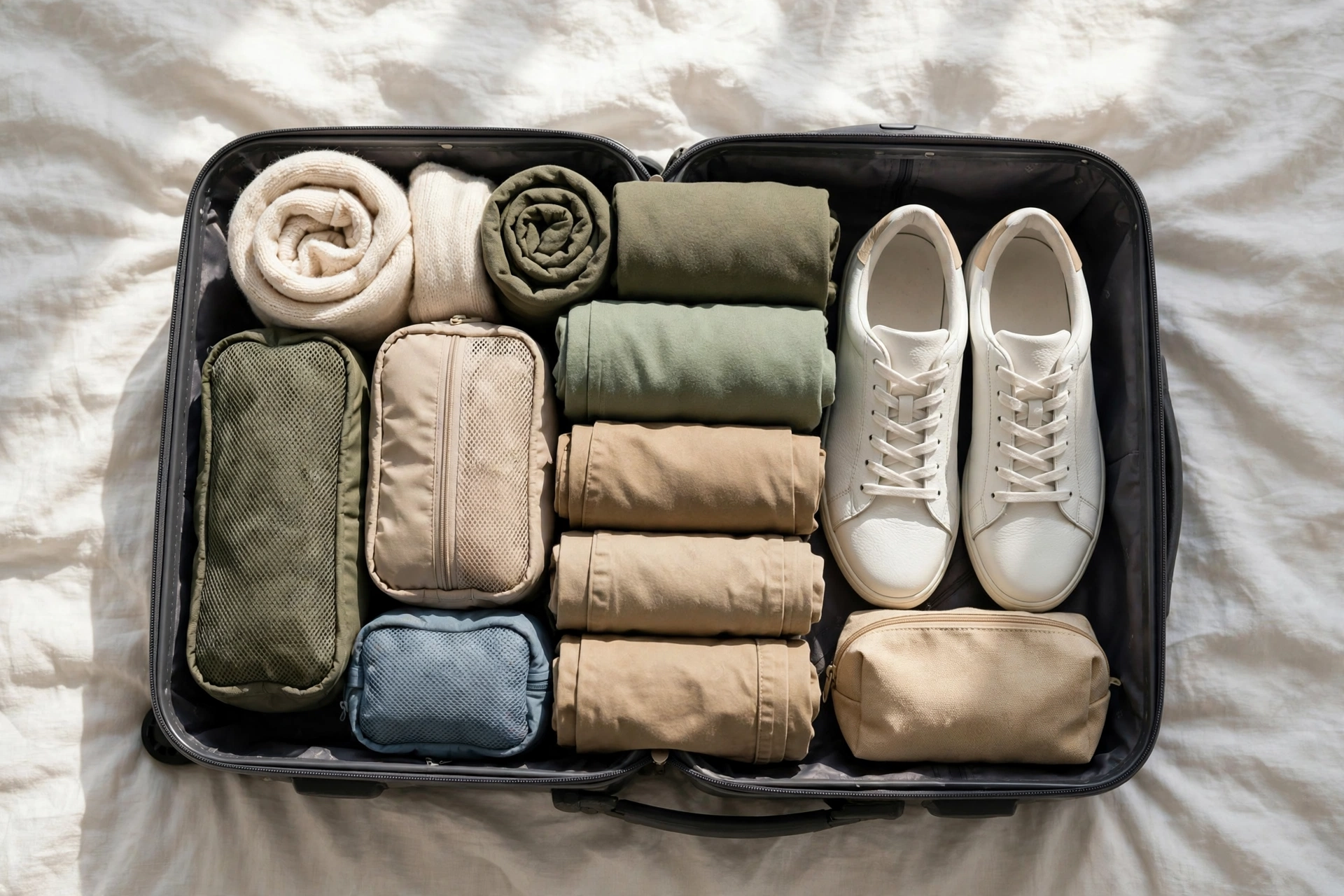 Open carry-on suitcase neatly packed with rolled clothes, packing cubes and travel essentials for a two-week trip