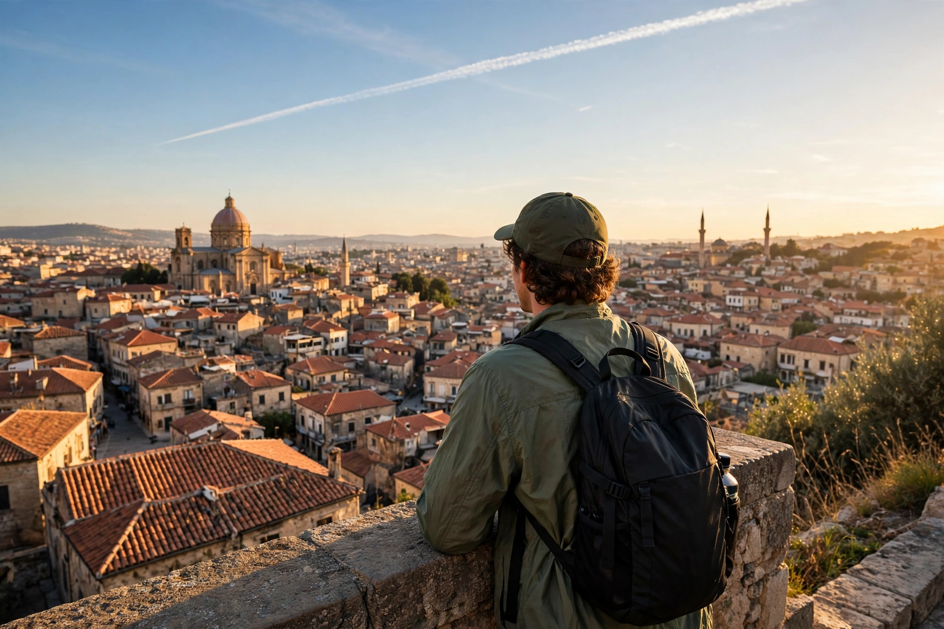 Traveler with a day backpack overlooking a historic old town at golden hour on a layover